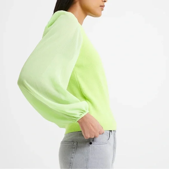 NWT French Connection Mozart Melody Mix V-Neck Jumper Lime Green Balloon Sleeves - Picture 2 of 9